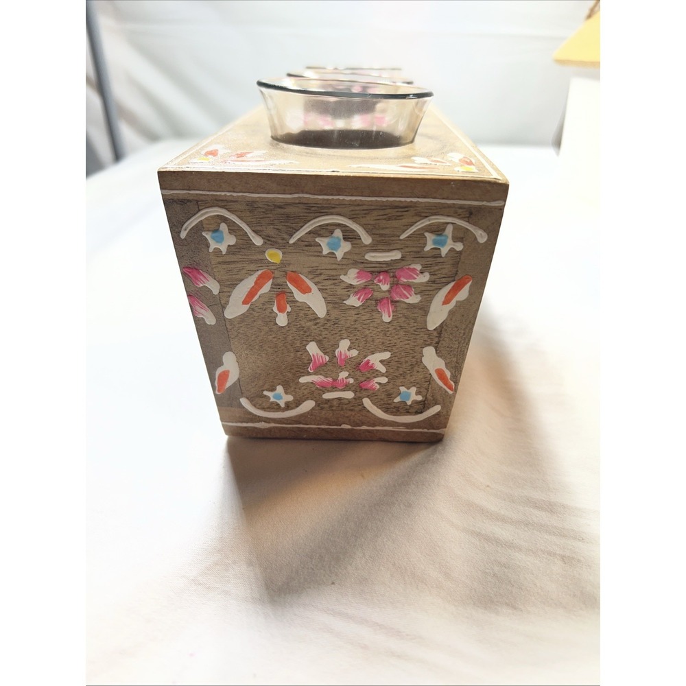 Floral Triple Tea Lite Candleholder Wooden Jaipur in Bloom Hand Painted - Picture 3 of 5